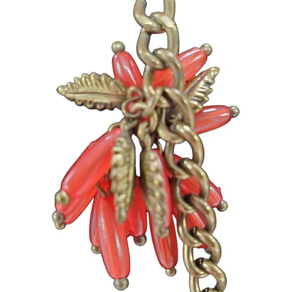 BabelBar Pink Coral Bead Cluster Tassel Necklace Gold Tone Chain Leaf 28"+3" - Picture 4 of 6